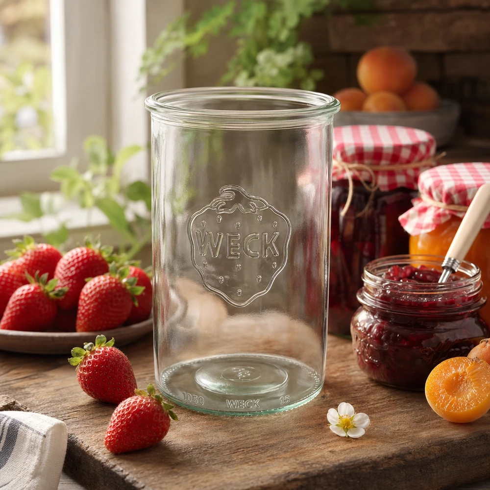 Bocal en verre WECK RR100 de 1 000 ml 1000ml WECK Pot renversé RR100 Pot de conservation sur table en bois avec fraises fraîches et confiture maison