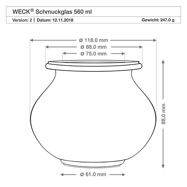 560ml bocal décoratif WECK RR80 avec bouchon nature WECK verre à bijoux 560ml RR80 dessin technique avec dimensions diamètre hauteur poids spécification produit
