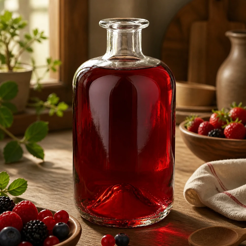 Flacon à pharmacie « 500ml Glasflasche "Luna" ohne Verschluss UNiTWIST » 500 ml sans bouchon UNiTWIST® Bouteille en verre Luna 500ml remplie de jus de baies rouges entre des baies fraîches sur une table en bois rustique comme inspiration déco