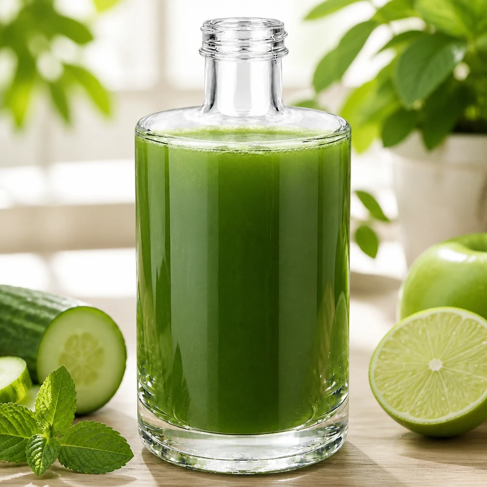 Bouteille en verre Sam de 375 ml remplie de smoothie vert à côté de concombre citron vert et menthe sur fond de bois clair