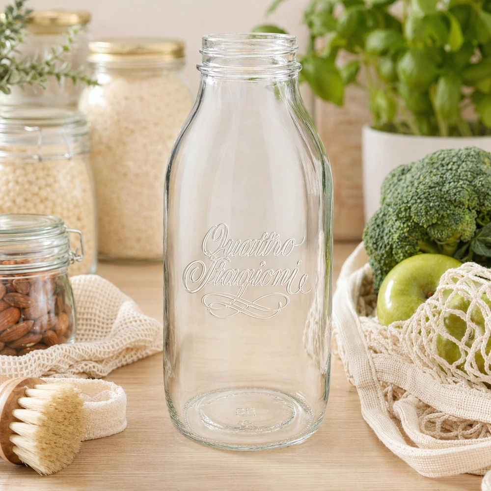 1000ml Bouteille en verre "Quattro Stagioni" QS56mm Bouteille en verre à col large 1000ml Quattro Stagioni avec inscription gravée sur une table en bois à côté d'aliments frais