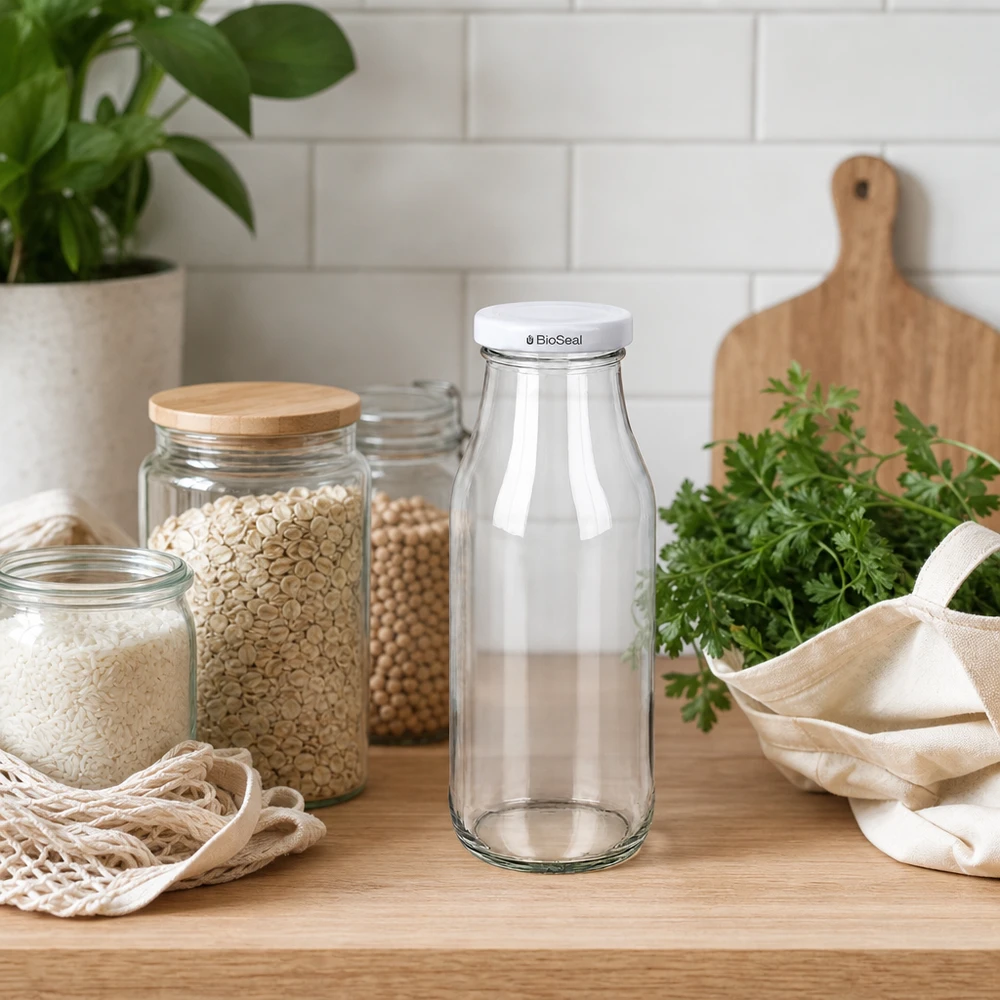 UNiTWIST Bottle263 Bouteille en verre vide sur plan de travail en bois entre des légumineuses en bocaux et des herbes fraîches