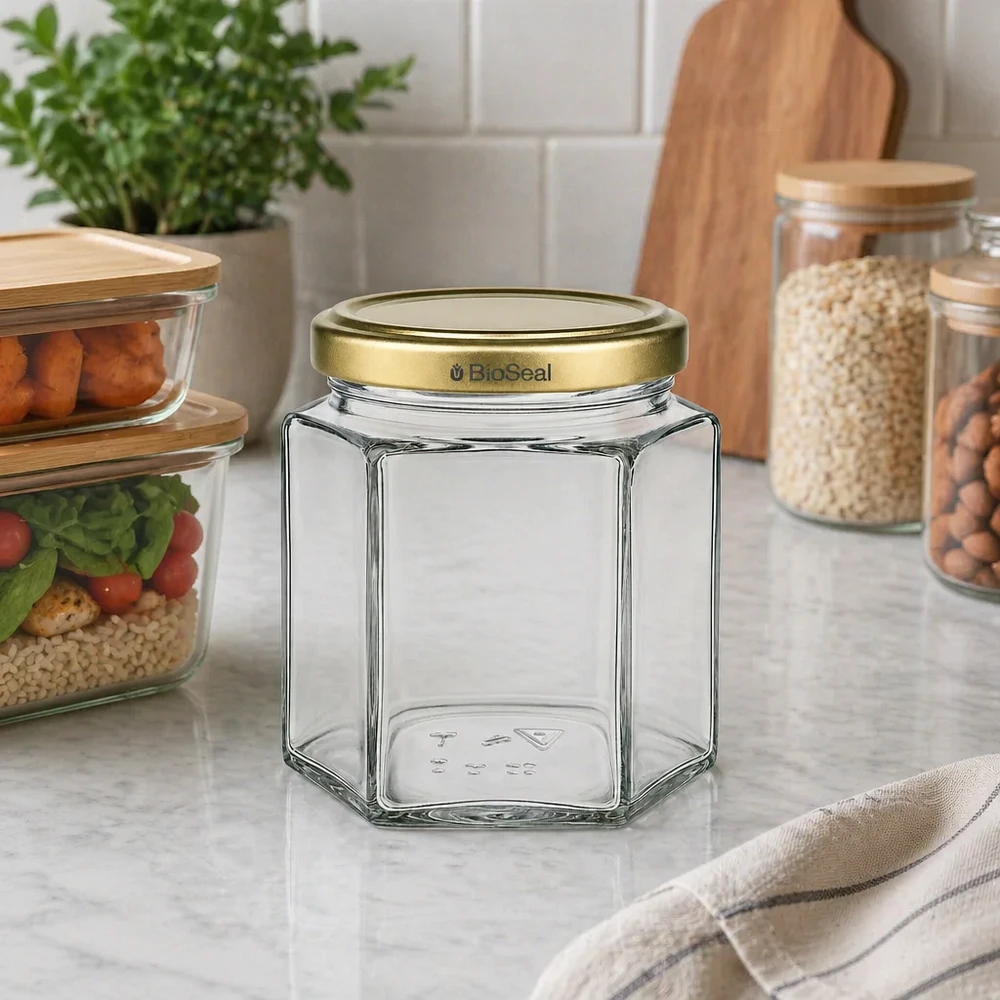 Pot à miel 520 g avec couvercle doré BioSeal UNiTWIST Pot de miel vide BioSeal hexagonal de 520g avec couvercle doré sur le plan de travail de la cuisine à côté des bocaux à provisions et des ustensiles de cuisine