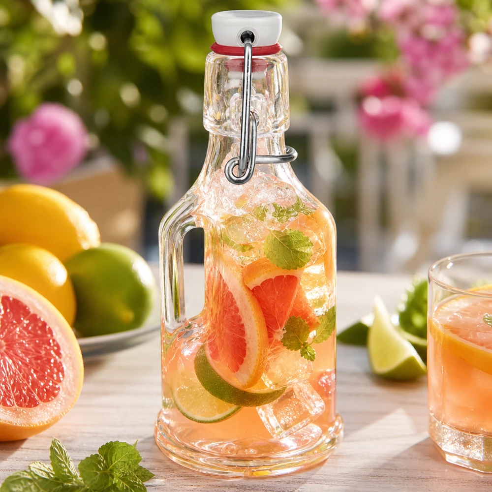 Bouteille en verre 200 ml « Bertha » et bouchon en porcelaine UNiTWIST® Bouteille en verre Bertha 200ml remplie d'eau au pamplemousse et au citron vert Ambiance jardin Boisson estivale UNiTW Bouchon à étrier