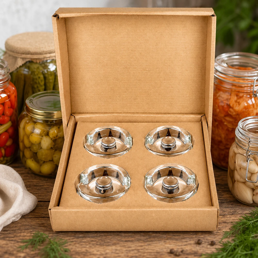 Ensemble de 4 poids en verre Quatre poids pour bocaux de fermentation UNiTWIST avec poignée dans une boîte cadeau à côté de légumes marinés et de bocaux de conservation