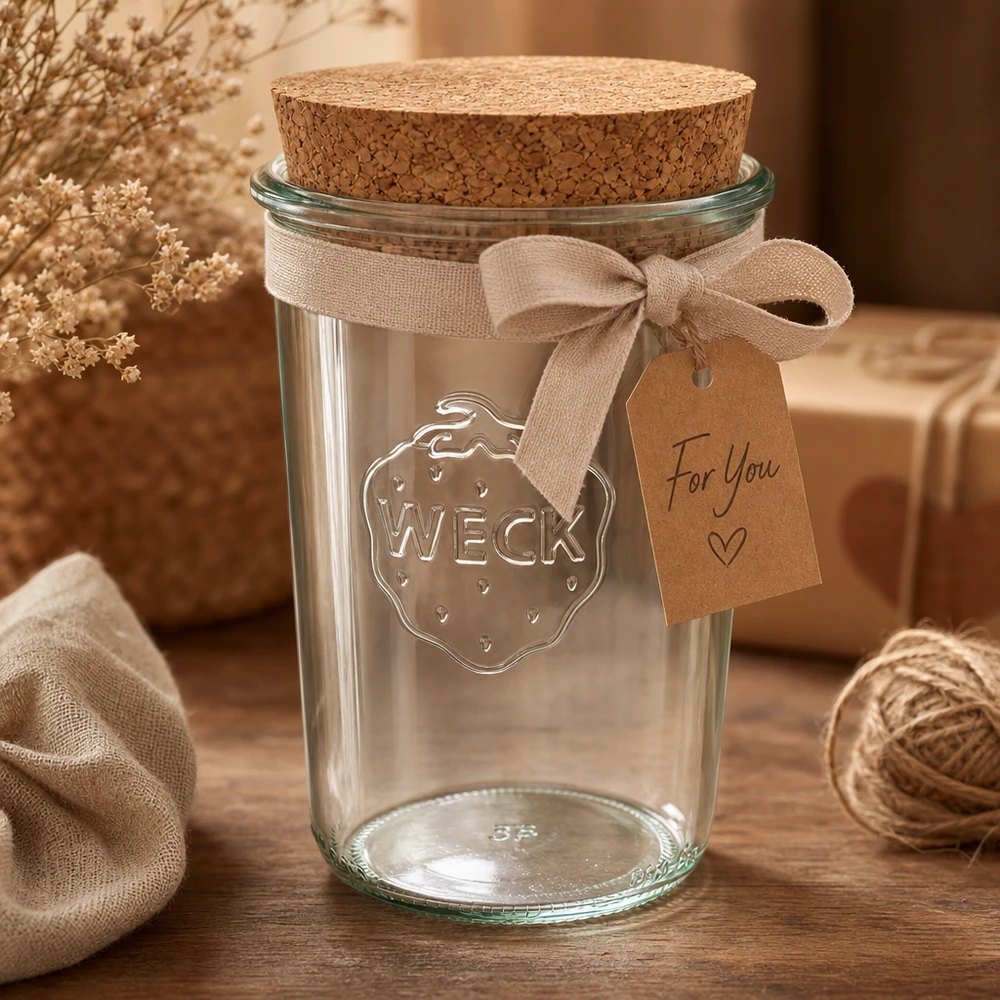 850ml bocal conique WECK RR100 avec bouchon nature WECK Pot renversé 850ml RR100 arrangé de manière décorative avec couvercle en liège Ruban et étiquette cadeau comme idée de cadeau