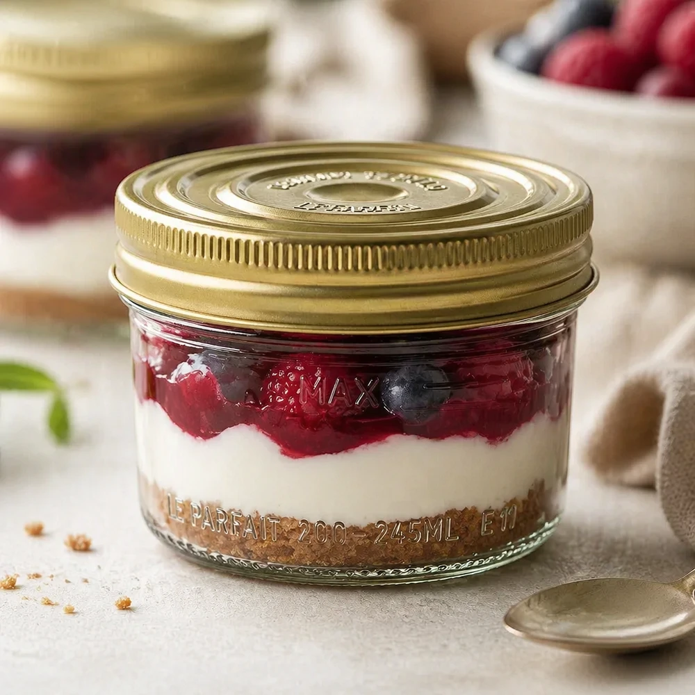 245ml Verre à pied Familia Wiss avec couvercle doré rempli de dessert de baies et de crème sur table en bois