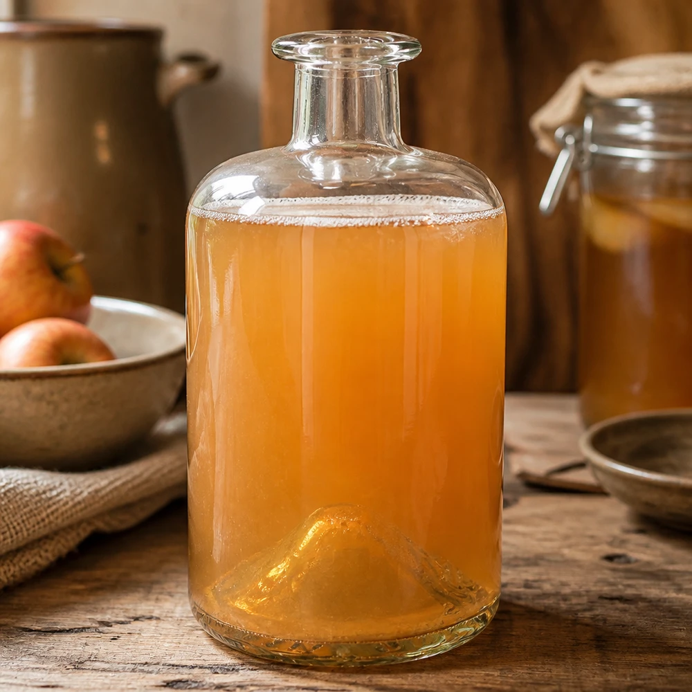 Bouteille de pharmacie Sofia de 500ml remplie de Kombucha boisson fermentée cuisine table rustique en bois bouteille en verre UNiTWIST