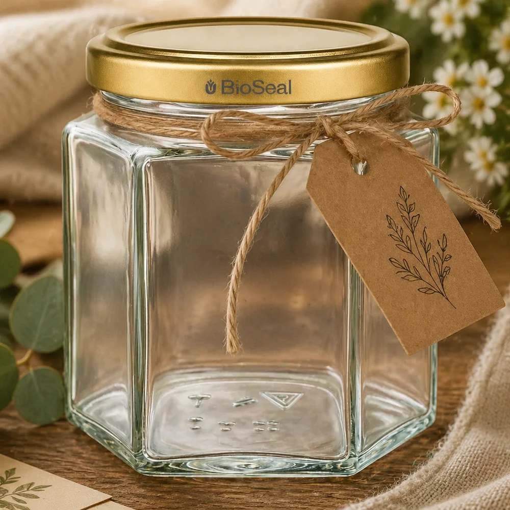 Pot à miel 520 g avec couvercle doré BioSeal UNiTWIST Leeres 520g BioSeal Honigglas hexagonal mit Golddeckel und rustikaler Kraftpapier-Banderole als Geschenkverpackung