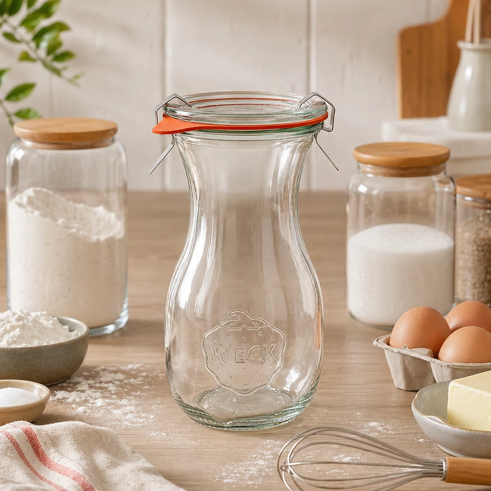 Bouteille à jus de 290 ml, ensemble complet WECK RR60 WECK Bouteille de jus 290ml RR60 vide dans une cuisine moderne entre les ingrédients de cuisson et les bocaux à provisions sur le plan de travail