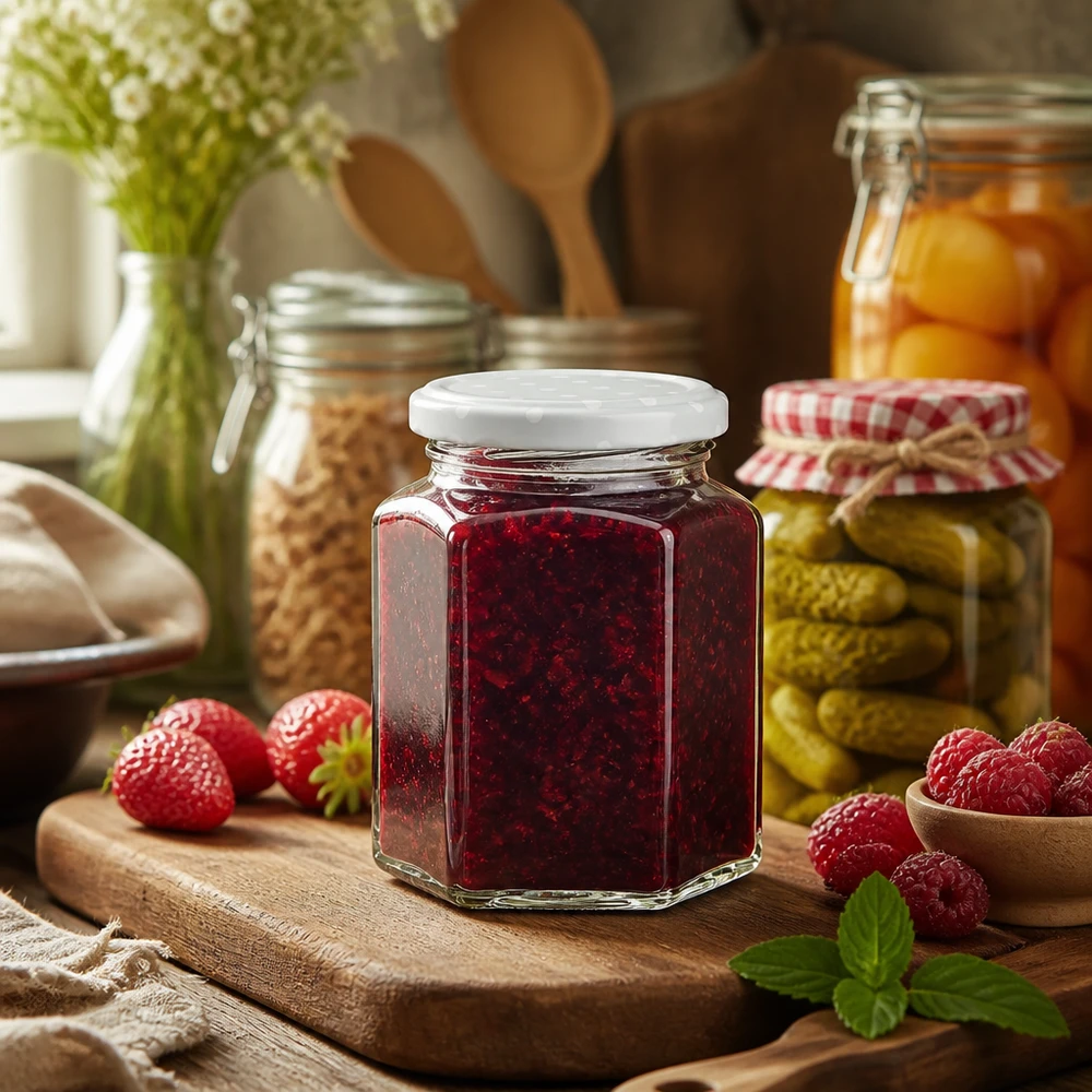 Pot 288 ml hexagonal + couvercle BasicSeal points menthe UNiTWIST Hexaglase de 288 ml rempli de confiture de baies dans une cuisine rustique à côté de fraises et de framboises fraîches sur une planche en bois