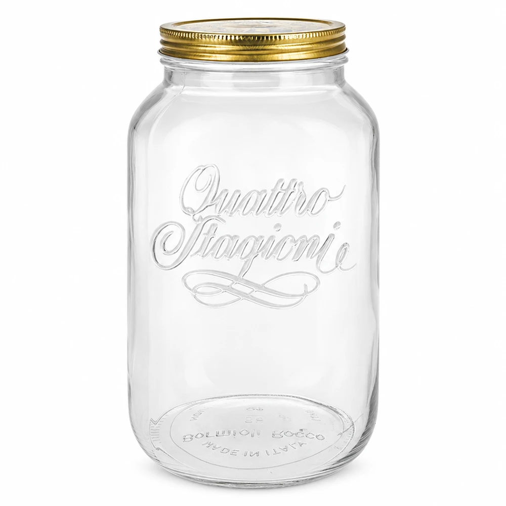 3800ml verre rond « Quattro Stagioni » avec couvercle Quattro Stagioni Pot rond 3800ml avec couvercle à vis doré Pot de conservation design italien vide