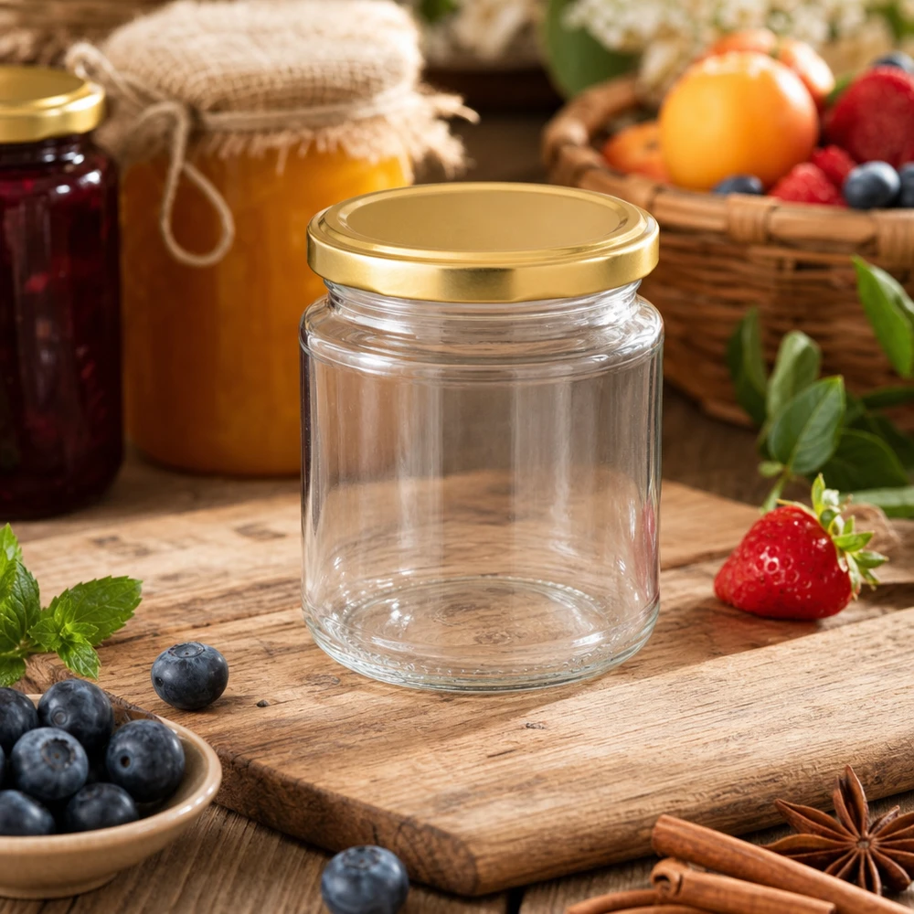 Pot rond 212ml UNiTWIST avec couvercle doré sur planche en bois entouré de baies fraîches et de pots de confiture