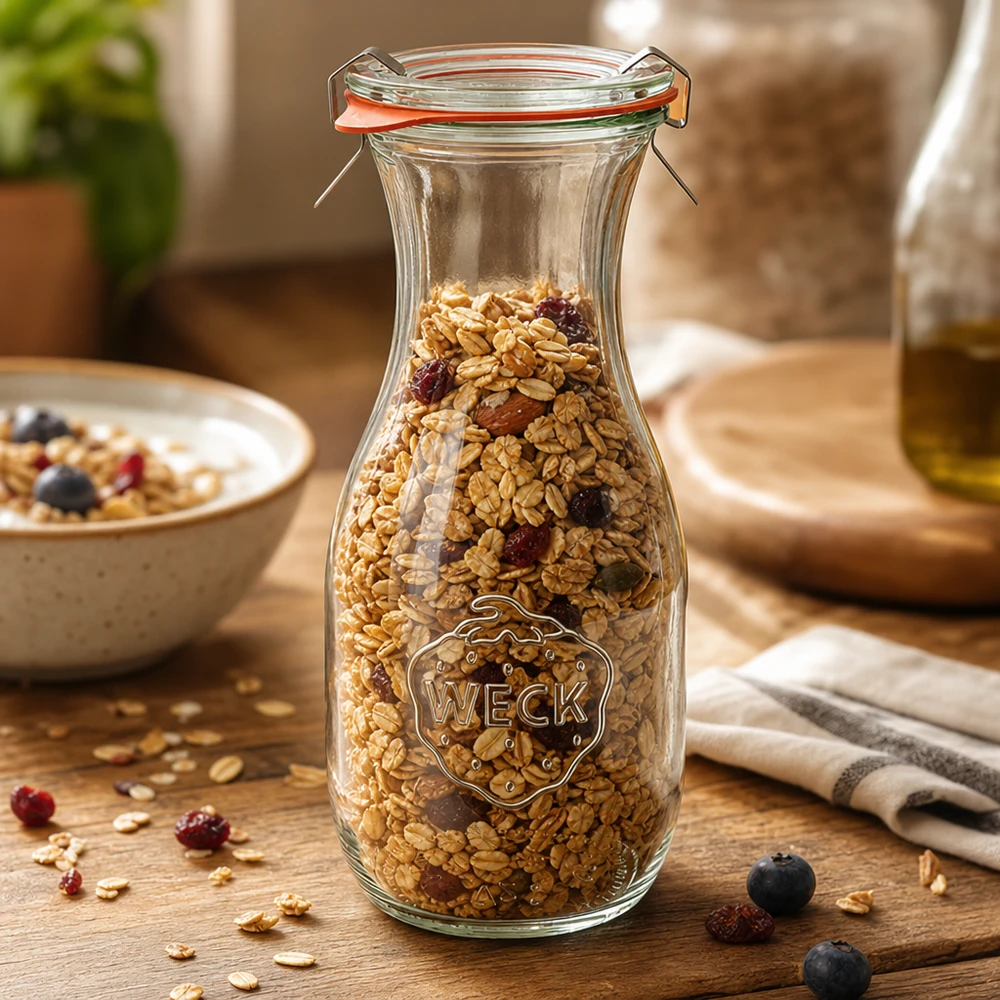 Bouteille à jus de 530 ml, ensemble complet WECK RR60 WECK Bouteille de jus de 530 ml RR60 remplie de muesli montre une conservation polyvalente des céréales et des fruits secs