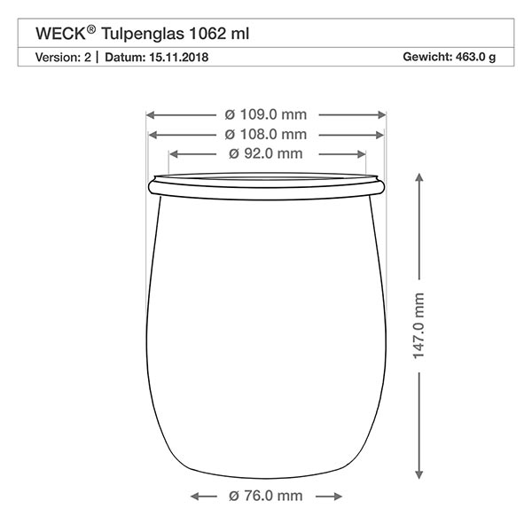 1062ml bocal tulipe WECK RR100 avec boule en bois en hêtre Dessin technique WECK Pot tulipe 1062ml RR100 avec dimensions Diamètre Hauteur pour la planification de la cuisine
