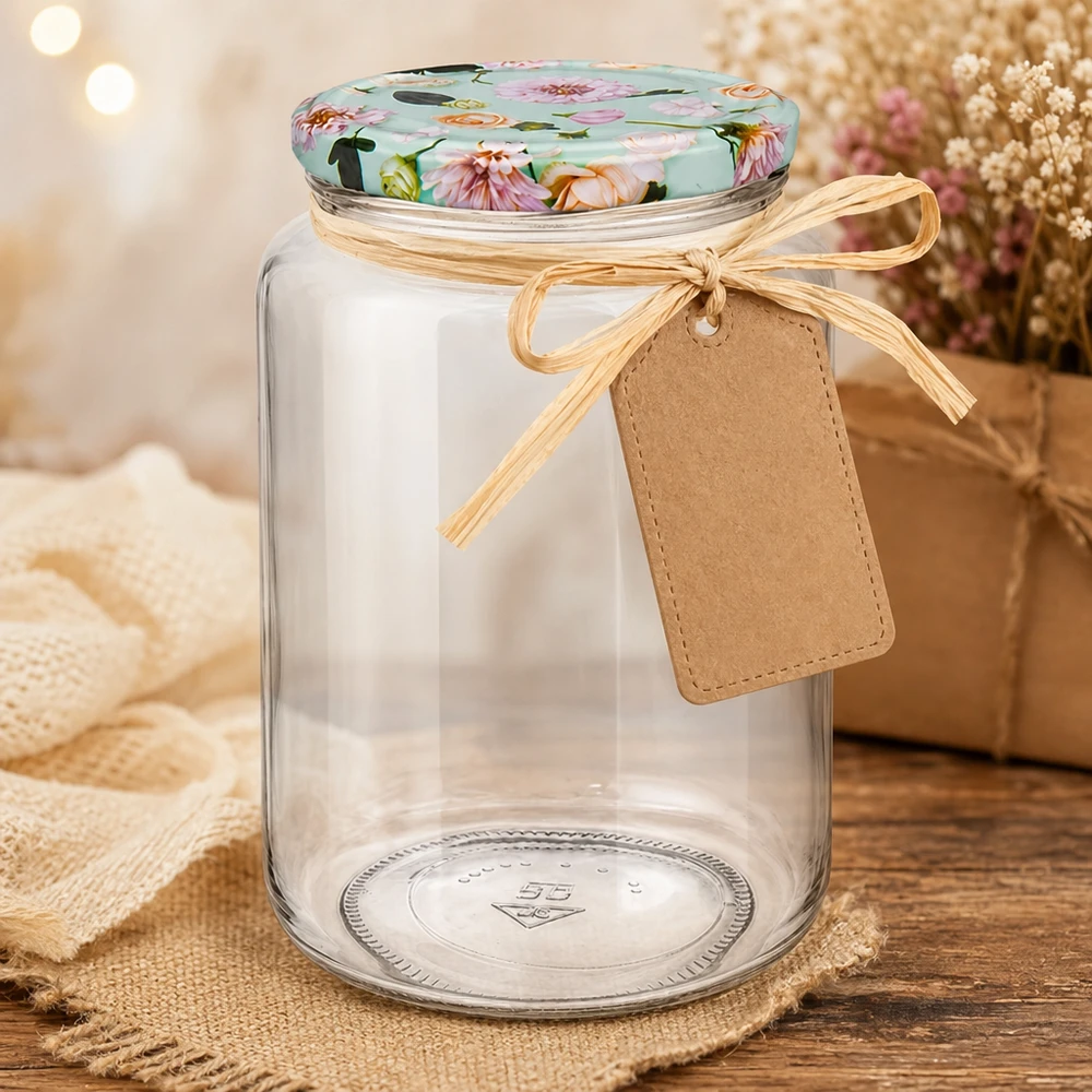 Pot rond de 795 ml + couvercle BasicSeal fleur menthe UNiTWIST 795ml verre rond avec ruban et pendentif comme cadeau, couvercle à fleurs menthe pour des idées de cadeaux créatives DIY