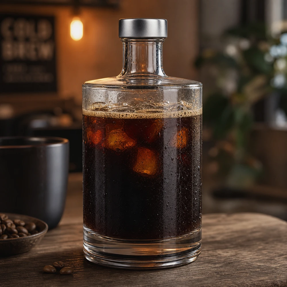 Bouteille en verre 500 ml « Sam » et bouchon à vis argenté UNiTWIST® Bouteille en verre de 500ml Sam remplie de café Cold Brew sur une table en bois à côté de grains de café atmosphère de café confortable