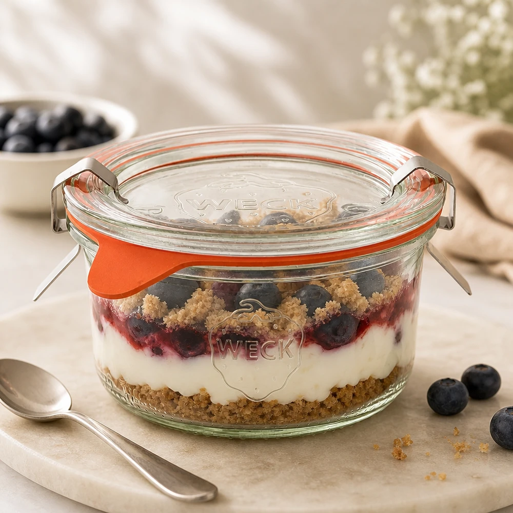 165ml bocal conique complet WECK RR80 WECK Verre renversé 165ml RR80 avec dessert à couches de myrtilles, yaourt et crumble comme portion sur planche en marbre