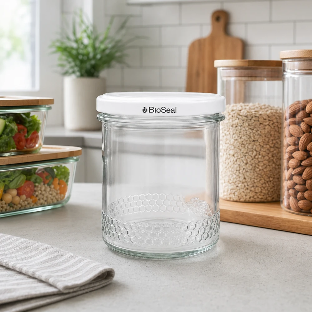 Pot à miel 560 g avec couvercle blanc BioSeal UNiTWIST Pot à miel vide de 400 ml avec couvercle blanc BioSeal dans la cuisine moderne à côté des bocaux à provisions montre une conservation polyvalente