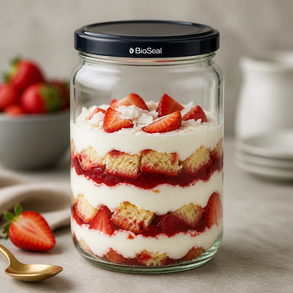 UNiTWIST Runda305 Verre avec trifle à couches et couvercle BioSeal noir rempli de fraises et de crème pour le dessert