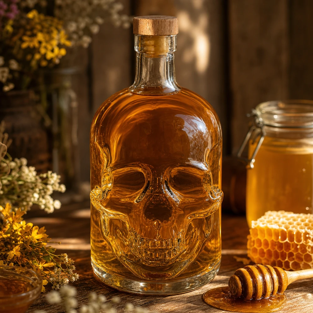 Bouteille en verre 700 ml « Jack » avec bouchon en bois UNiTWIST® Totenkopf-Glasflasche 700ml mit Honig befüllt, umgeben von Bienenwaben und Wildblumen in rustikaler Atmosphäre