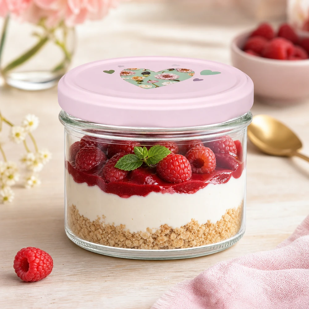 Dessert stratifié aux framboises dans un verre renversé de 225 ml avec couvercle rose à cœur BasicSeal comme coupe à dessert sur une planche en bois
