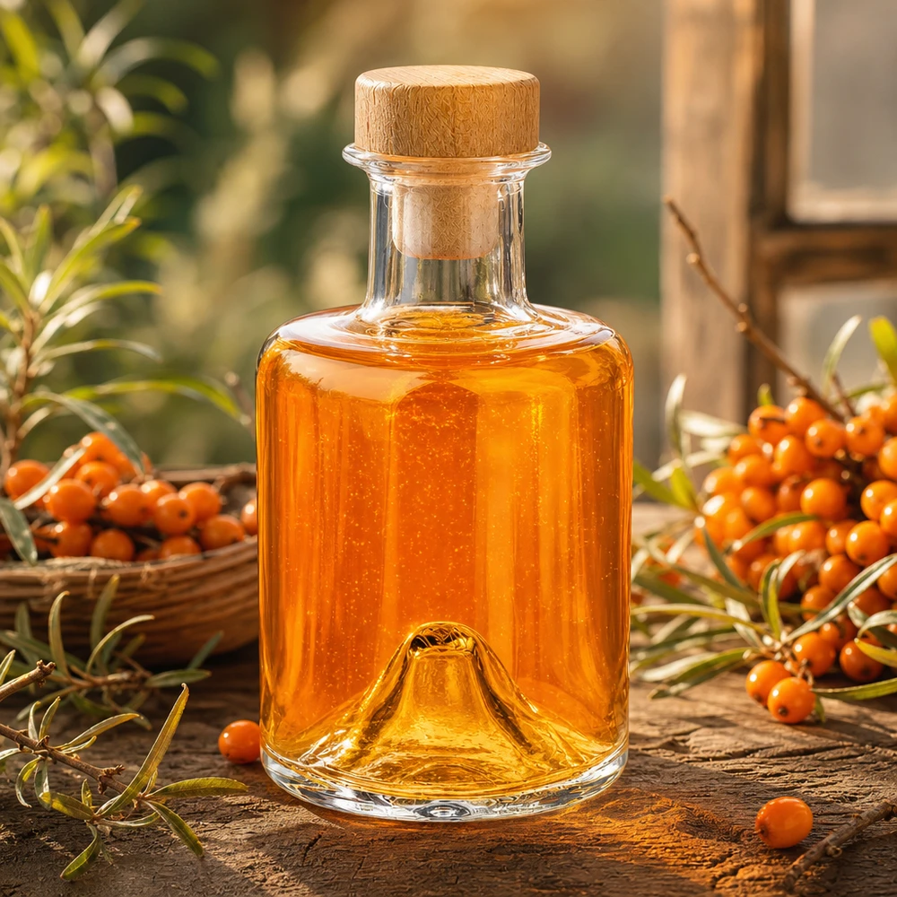 Bouteille en verre Sofia de 200 ml avec bouchon en bois remplie d'huile orange à côté de baies d'argousier sur une table en bois