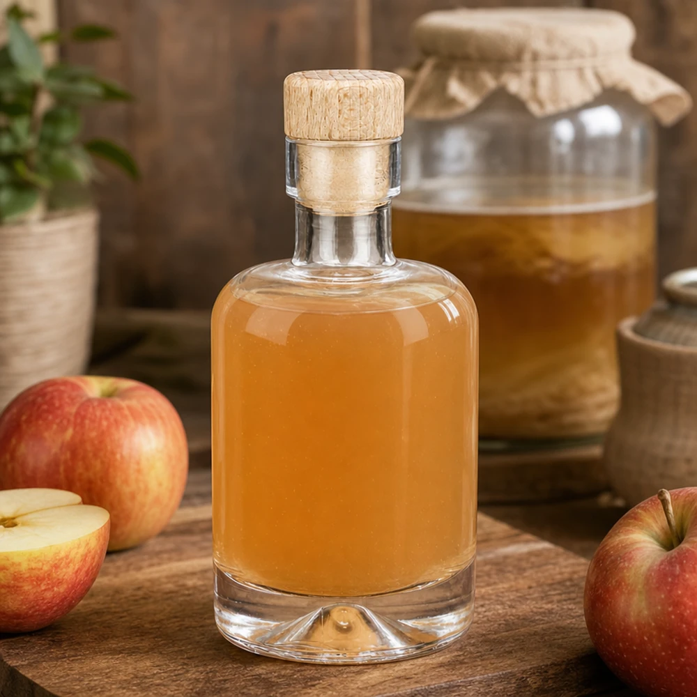 Bouteille en verre 50 ml « Amelie » avec bouchon en bois UNiTWIST Bouteille en verre de 50 ml remplie d'eau-de-vie de pomme entre des pommes fraîches et un pot de miel, décorée de manière rustique sur une table en bois.