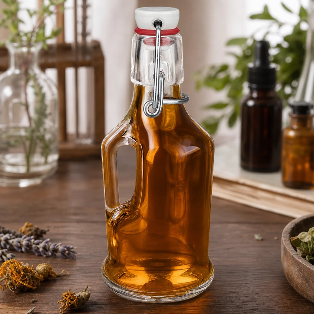 Bouteille en verre Bertha 200ml ambrée aux herbes et fleurs séchées Cosmétique naturelle Ambiente UNiTW Bouchon à étrier