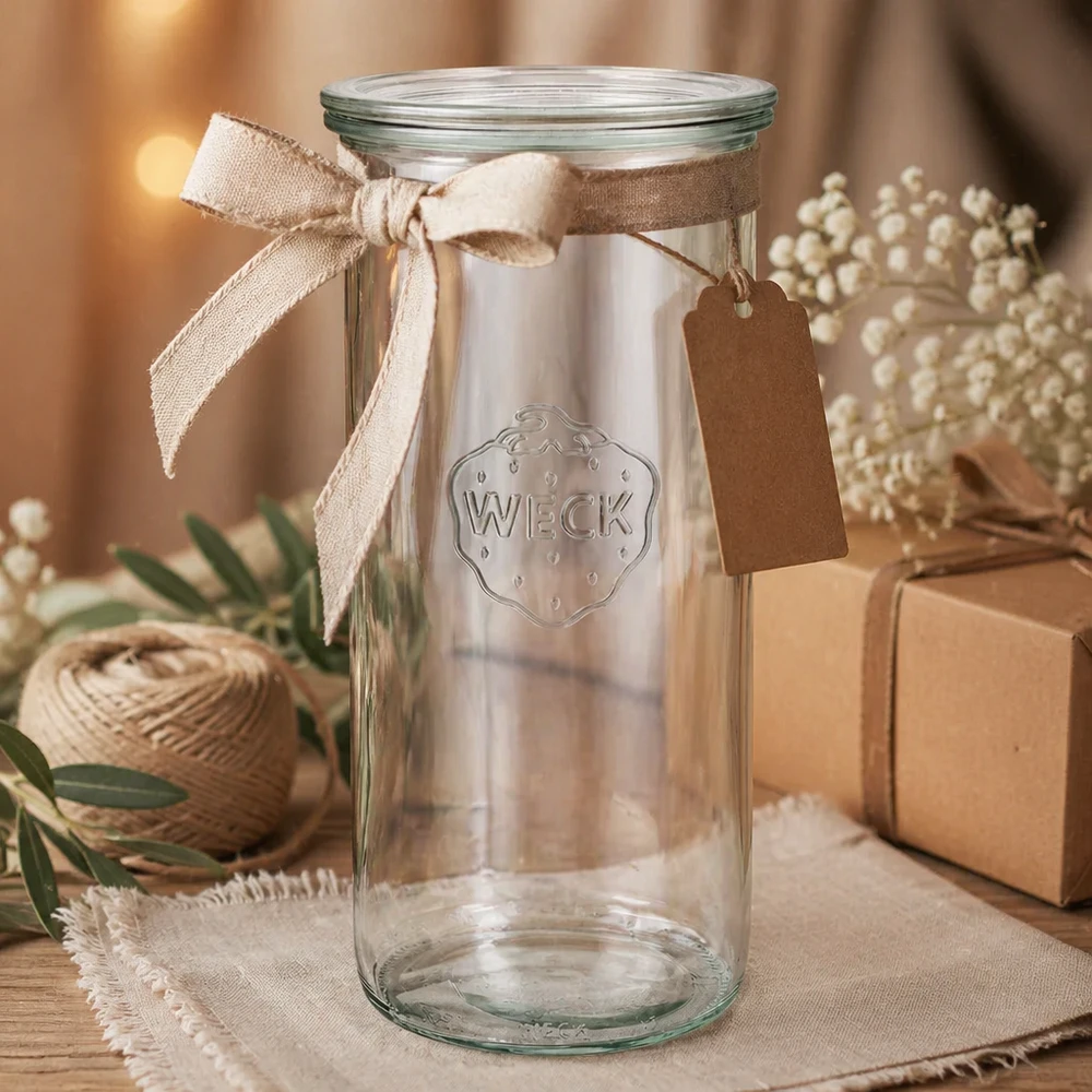 WECK Verre renversé 1500ml RR100 comme cadeau décoré avec un ruban beige et un pendentif sur bois avec des boîtes cadeaux