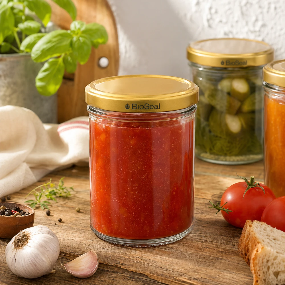 Pot à miel 200 g avec couvercle doré BioSeal UNiTWIST Pot de miel de 200g avec couvercle BioSeal doré rempli de confiture dans un décor de cuisine avec tomates et épices