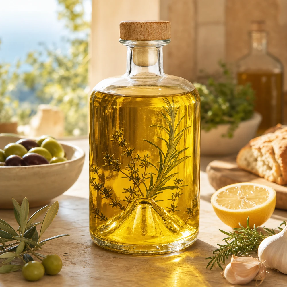 Flacon à pharmacie 500 ml « Sofia » avec bouchon en bois UNiTWIST® 500ml Glasflasche Sofia mit Kräuteröl befüllt mediterranes Ambiente mit Oliven Brot und Zitrone Küchenszene