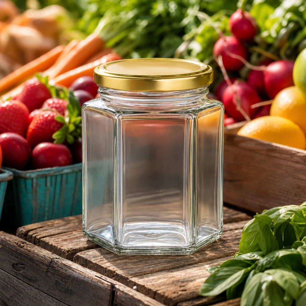 Pot à miel 250 g avec couvercle doré BasicSeal UNiTWIST Pot de miel BasicSeal de 250g vide avec couvercle doré sur planche de bois rustique entourée de légumes et de fruits frais