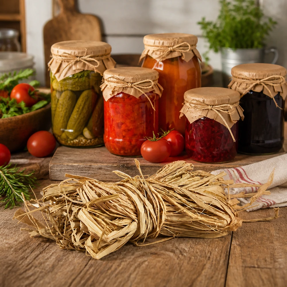Raphia naturel 30g comme fermeture de bocaux utilisé dans la cuisine rustique avec des aliments conservés