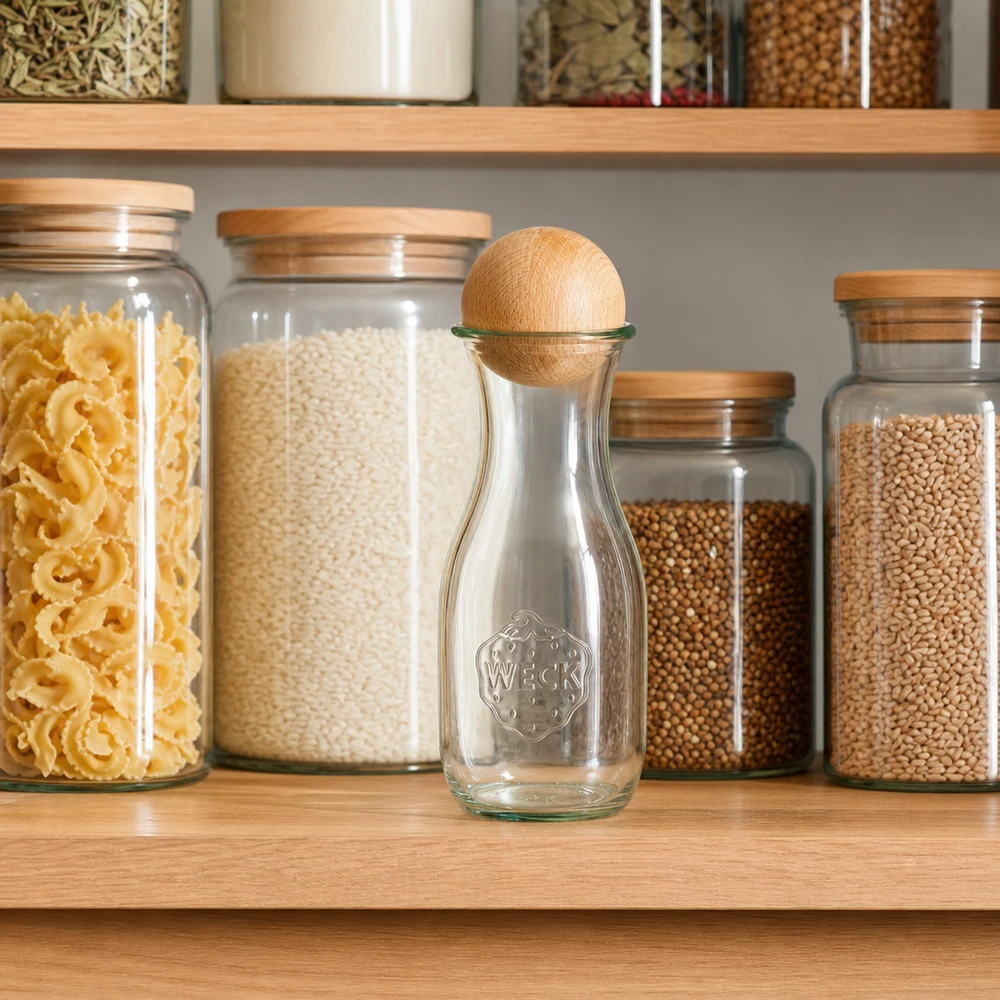 WECK Bouteille de jus 530ml avec boule en bois de hêtre dans un garde-manger organisé entre des bocaux de pâtes et de riz