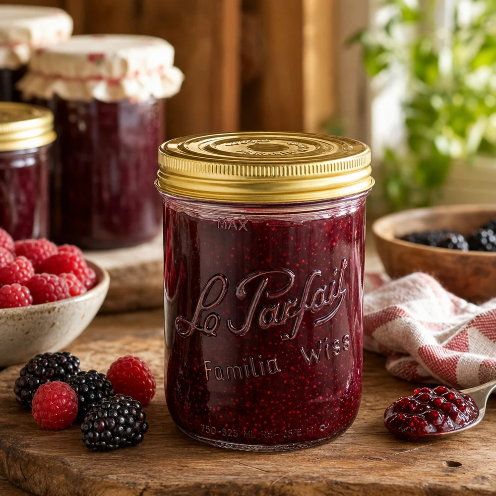 Le Parfait® Familia Wiss 1 kg Ø100 mm Bocal Verre renversé Familia Wiss 1020ml avec système de couvercle en 2 parties Le P rempli de confiture de baies sur table en bois