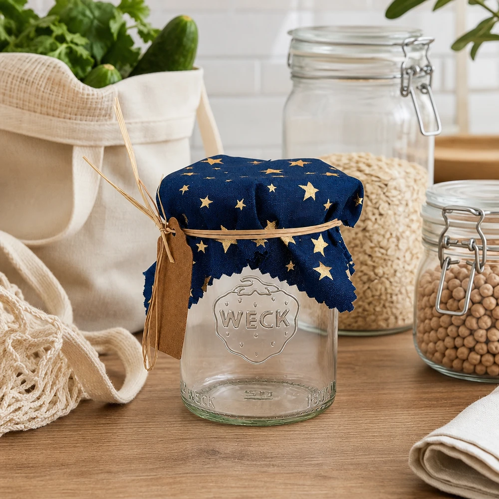 Couvercle bleu avec des étoiles dorées sur un bocal de conservation dans une scène de cuisine rustique avec des bocaux à provisions et des textiles.
