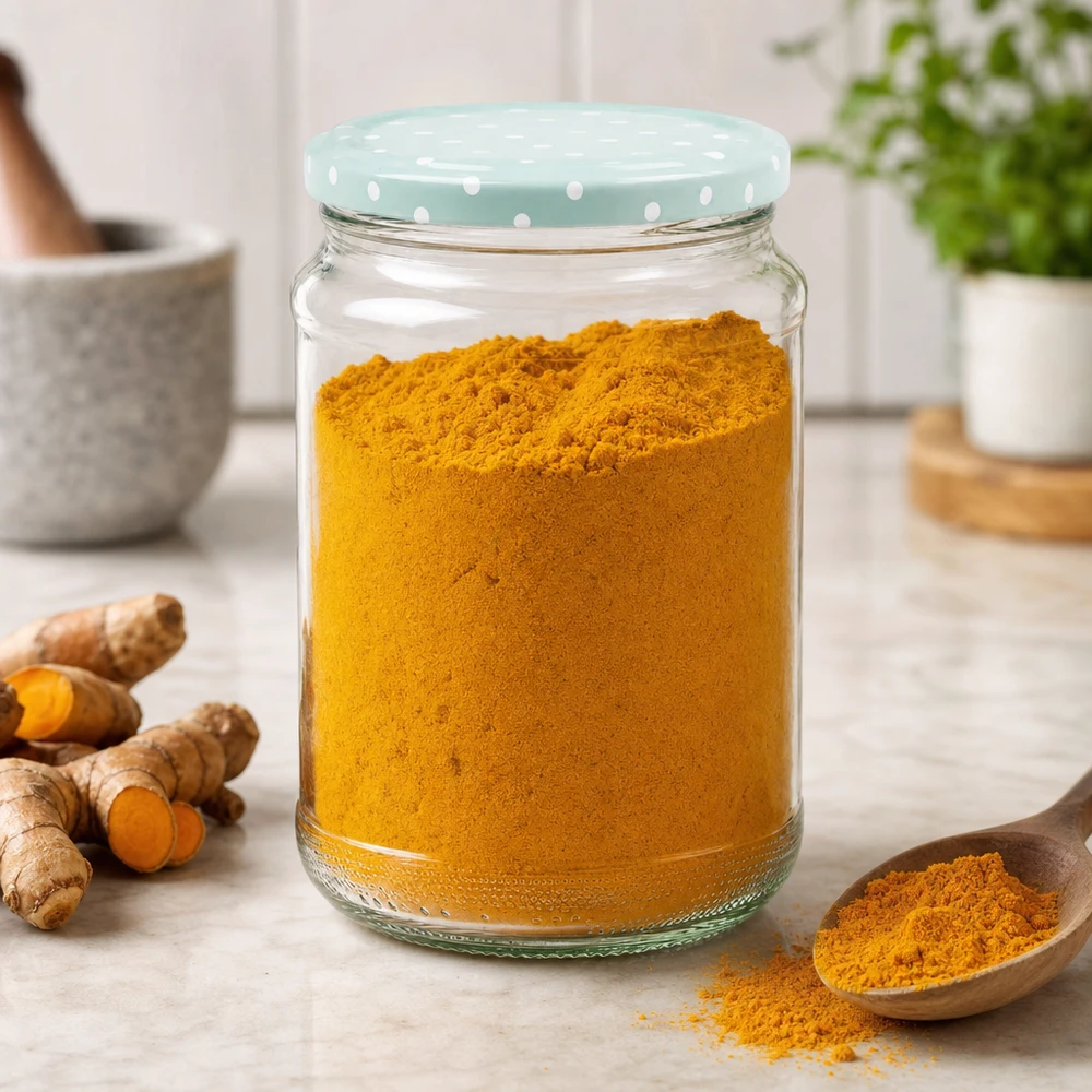 Bocal rond 375ml rempli de poudre de curcuma Couvercle BasicSeal menthe points Conservation des épices Bocal de réserve cuisine