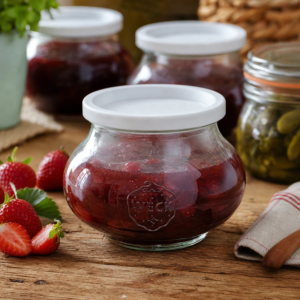 Bocal décoratif de 560 ml avec couvercle hermétique WECK RR80 WECK Pot de conserve 560ml RR80 rempli de confiture de fraises à côté de fraises fraîches sur une table en bois dans la cuisine