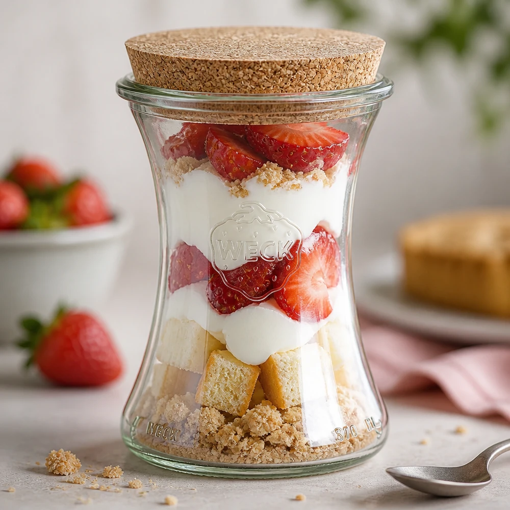 WECK Pot 370ml RR80 comme coupe à dessert remplie d'un dessert stratifié de fraises, de yaourt et de miettes de biscuits
