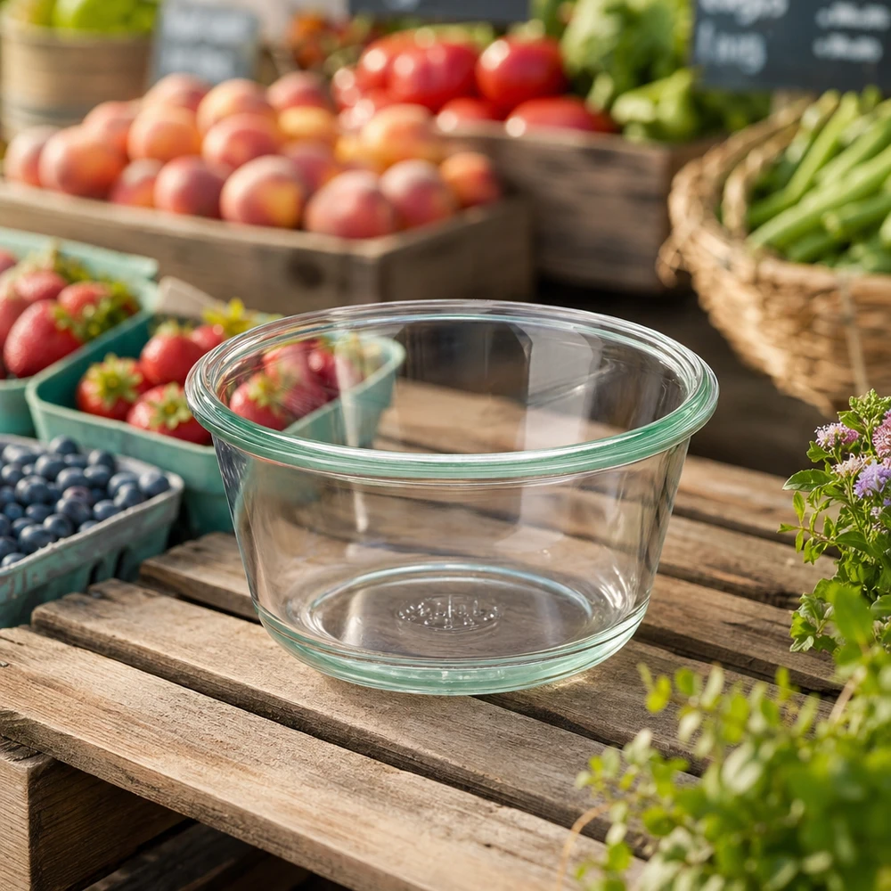 WECK RR100 290ml Pot gourmand vide sur table en bois avec fruits et légumes frais en arrière-plan pour la mise en conserve