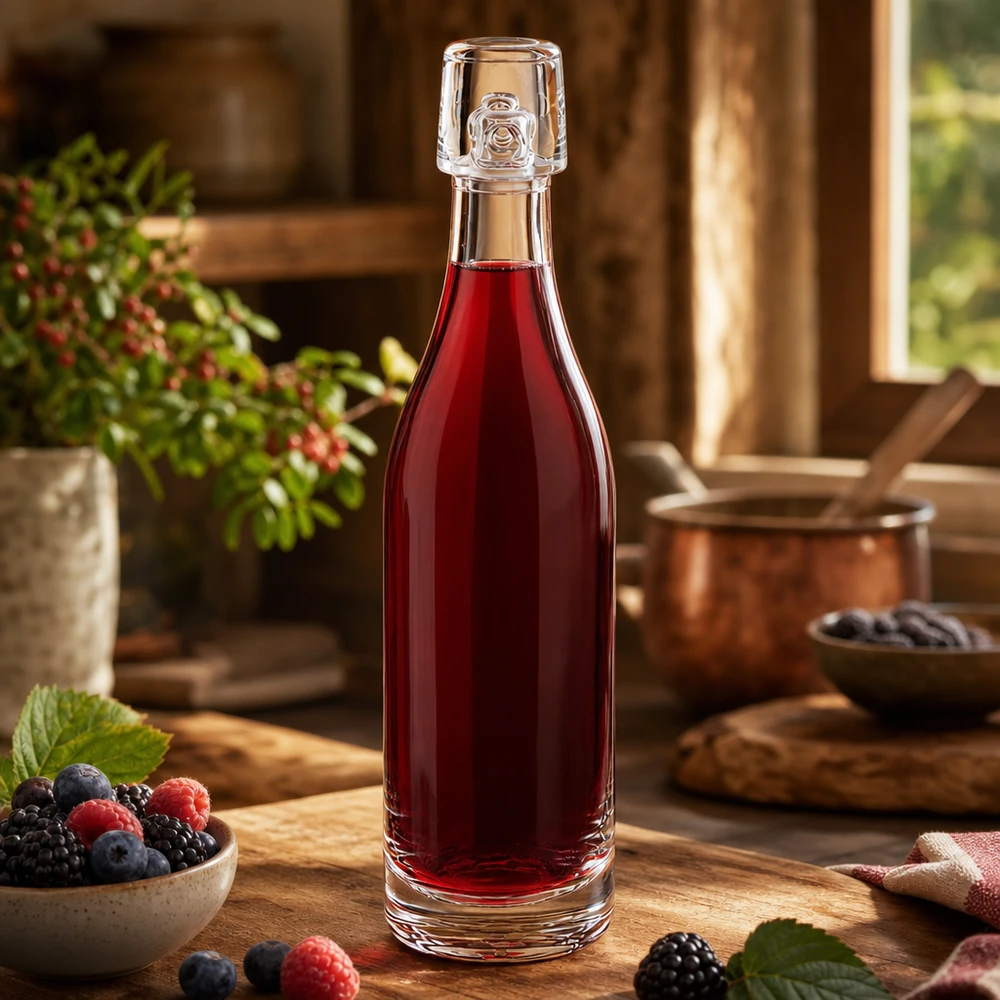 Bouteille en verre de 50 ml sans bouchon mécanique UNiTWIST Bouteille en verre de 50 ml UNiTWIST remplie de jus de baies rouges à côté de baies fraîches sur une table en bois rustique Cuisine