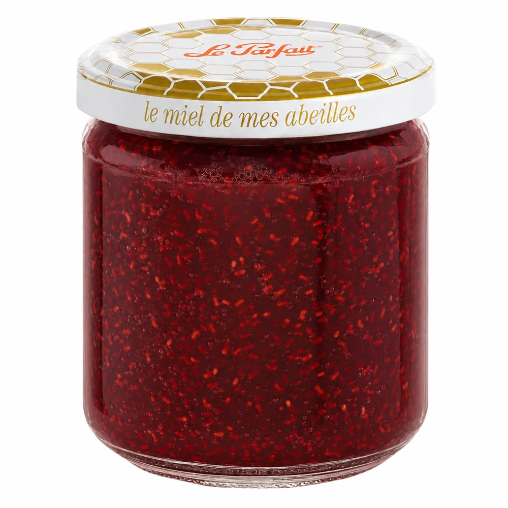 Le Parfait Honey pot de conservation 212ml avec couvercle doré en nid d'abeille rempli de confiture de fraise rouge
