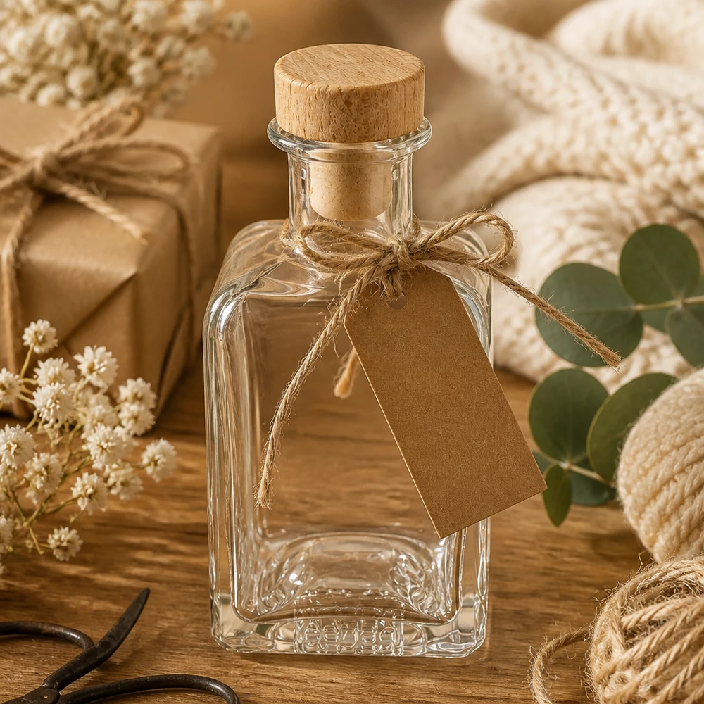 Flacon à pharmacie 200 ml « Clara » avec bouchon en bois UNiTWIST® 200ml Glasflasche Clara mit Kraftpapier-Anhänger Holzkorken Geschenkverpackung natürliche Materialien Vintage-Stil