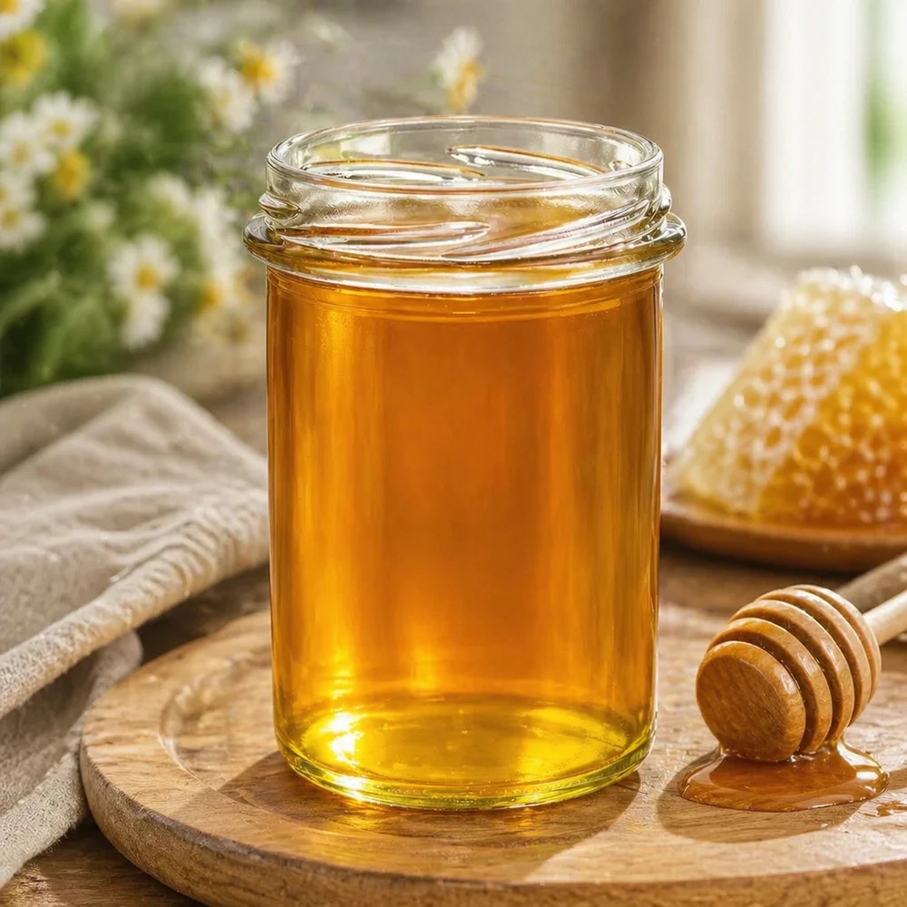 230ml Verre conique sans couvercle (TO66) UNiTWIST UNiTWIST Sturz230 Pot de miel 230ml TO66 rempli de miel doré à côté du rayon de miel et de la cuillère à miel