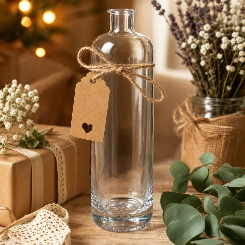 Bouteille en verre Ella de 700 ml décorativement arrangée avec une étiquette cadeau en corde de jute et des fleurs séchées comme idée de cadeau