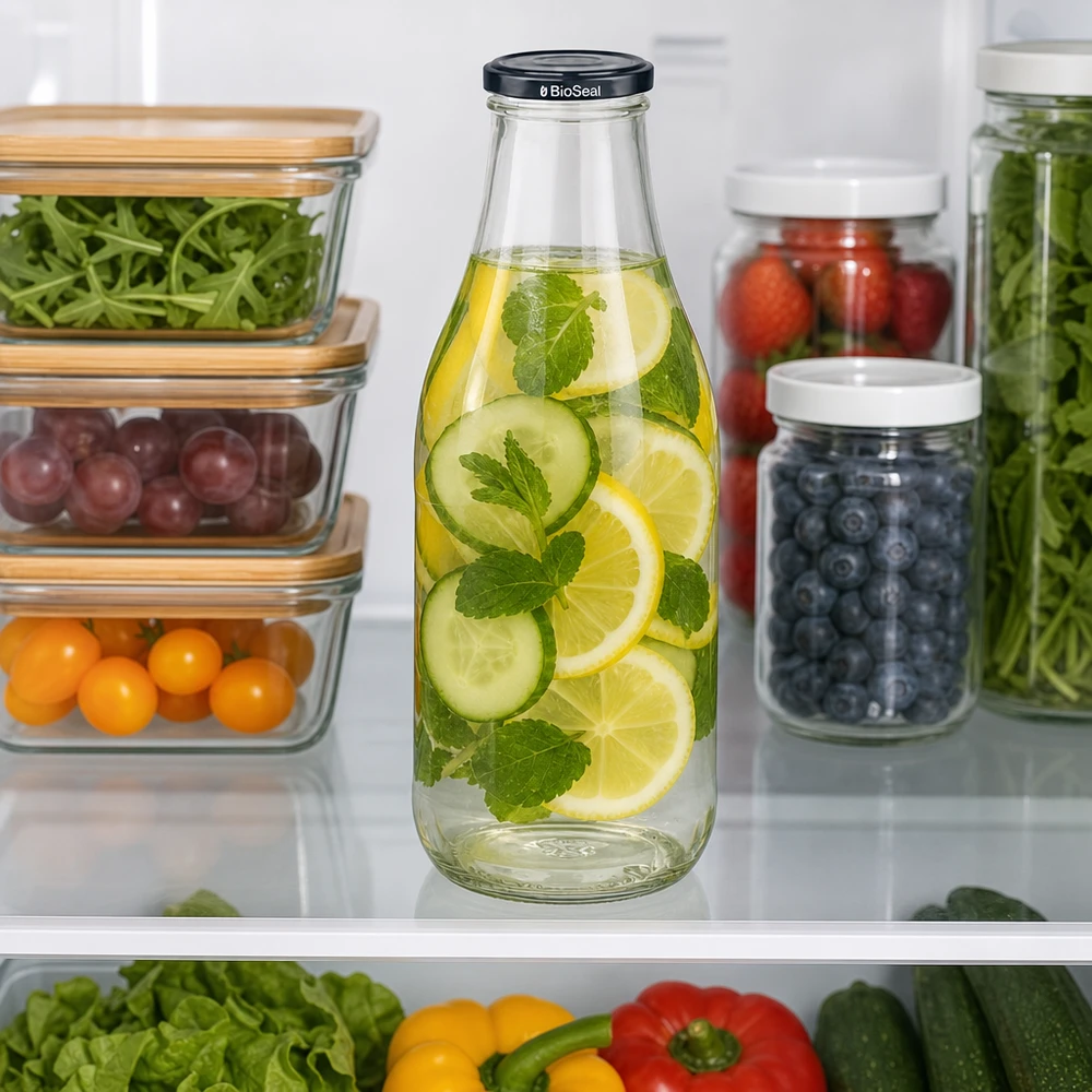 Bouteille en verre de 1000 ml d'eau de concombre dans le réfrigérateur à côté des récipients Meal Prep Baies Légumes conservation durable