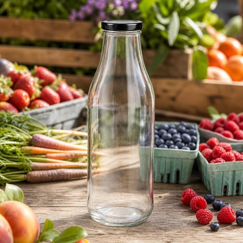 Bouteille en verre de 1000ml vide sur une table en bois rustique entourée de baies fraîches de fruits et légumes en plein air