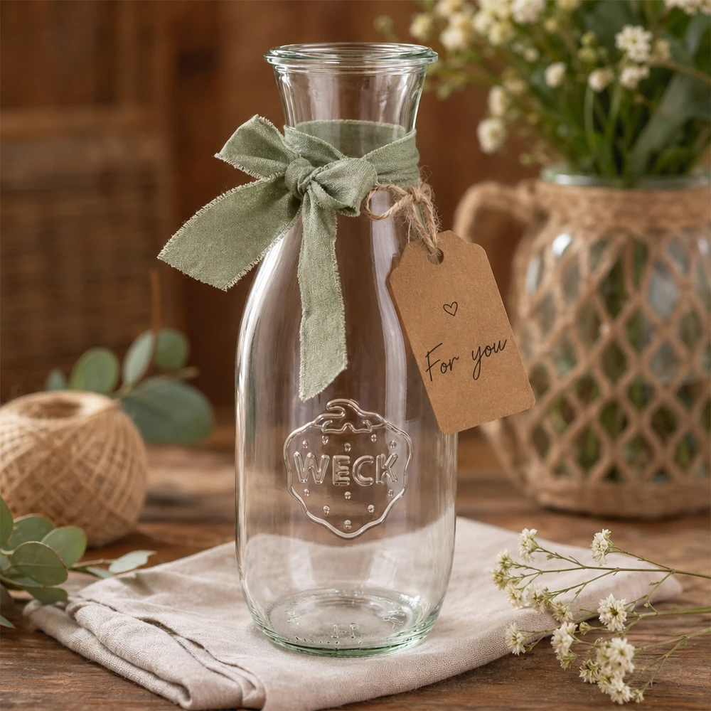 Bouteille à jus WECK RR60 de 1 062 ml WECK Bouteille de jus de fruits 1062ml RR60 décorée avec un ruban vert et une étiquette cadeau For you entre les fleurs