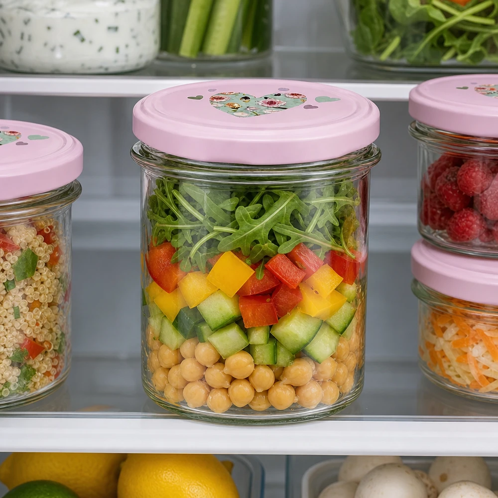 350ml bocal rose à couvercle en forme de cœur Réfrigérateur Meal Prep Salade Chickpeas Légumes Conservation aliments frais
